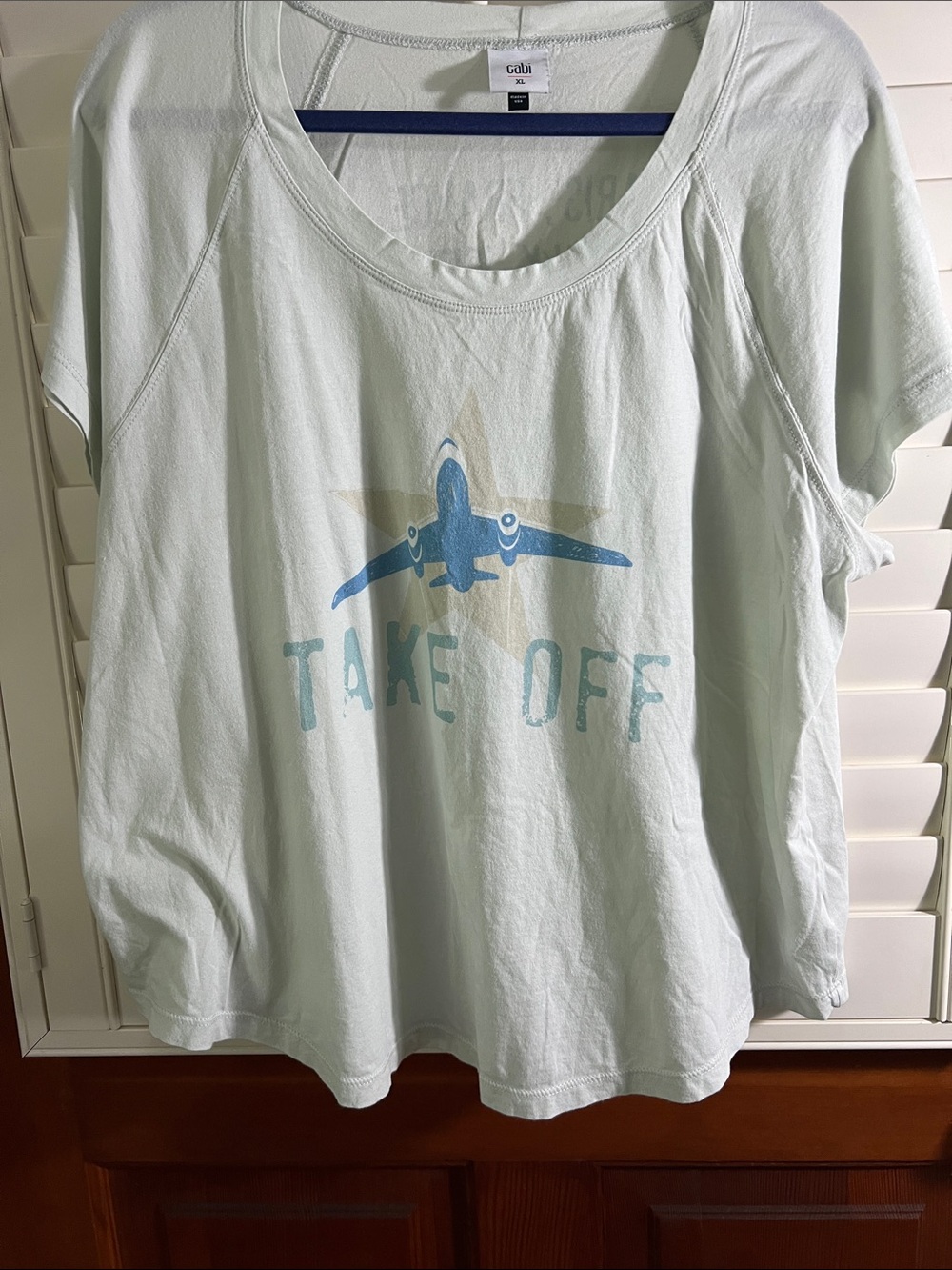 CAbi XL Light Mint Tee with Blue Airplane Graphic